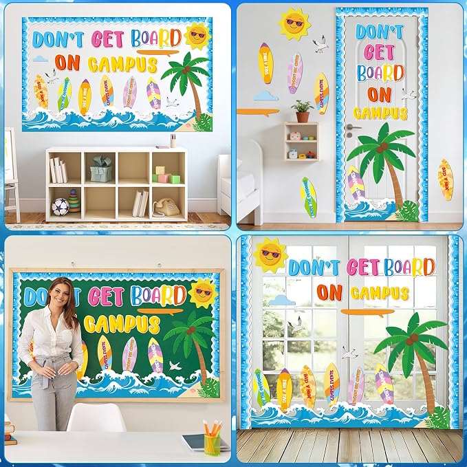 Summer Bulletin Board Set Hawaiian Tropical Beach Classroom Decoration Don’t Get Board on Campus Bulletin Boards Summertime Surfboard Theme Paper Cutouts for Back to School Home Chalkboard Wall Decor
