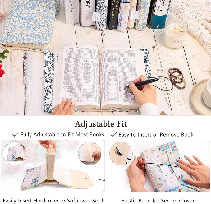 Aplufine Adjustable Fabric Book Cover with Elastic Band, Washable Reusable Book Sleeve for Hardcover Books, Textbooks, Novels & Journals, Book Protector with Pocket & Bookmark,Book Gift