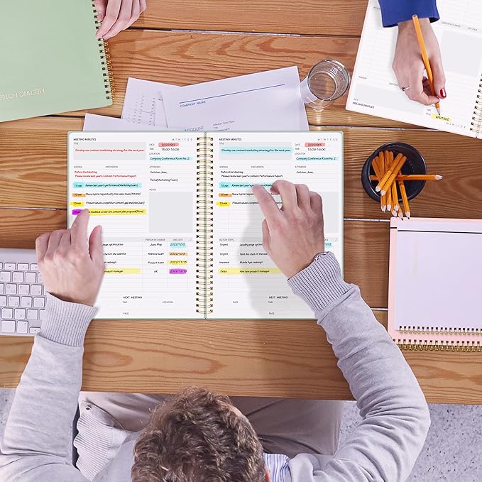 SUNEE Meeting Notebook for Work with Sticky Tabs - 160 Pages, A4 Size Project Planner, Spiral Meeting Agenda/Minutes Notebook Organizer for Women Men, Note Taking, Office&Business,8.5"x11", Sage Green