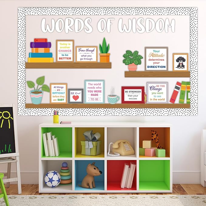 Motivational Bookshelf Bulletin Board Decorations Plant Classroom Colorful Inspirational Quote Paper Cutouts Words of Wisdom Bulletin Board Set for Back to School Chalkboard Wall Decor Supplies