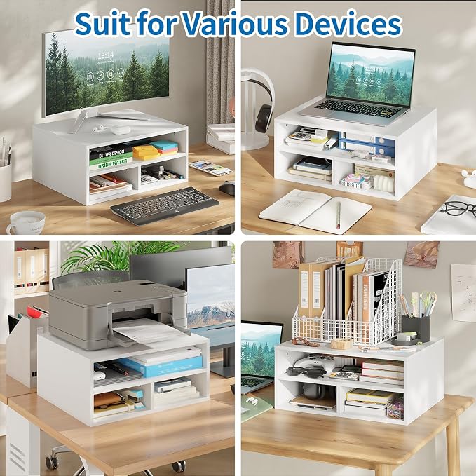 Desktop Printer Table with Storage, 2 Tier Printer Stand for Desk, Desk Organizers and Accessories for Home Office, White