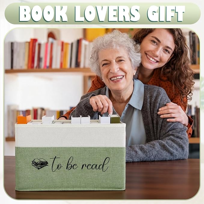 Marsui Book Lover Gifts TBR Book Storage Basket with Lids to Be Read List Storage Bin Bookish Accessories Bookworm Gift for Club Members Student Teacher Reading Accessories(White and Green)