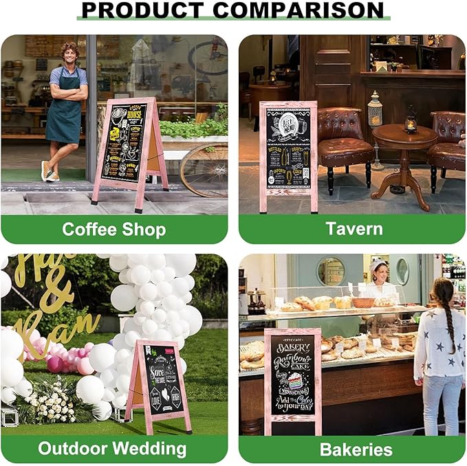 Large Sandwich A-Frame Chalkboard Sign - 40 x 20 Inches Pink Magnetic Wooden Chalk Board for Sidewalk, Stand up Double-Sided Outdoor Easel Display for Restaurant Cafe Shop Wedding Party or Business