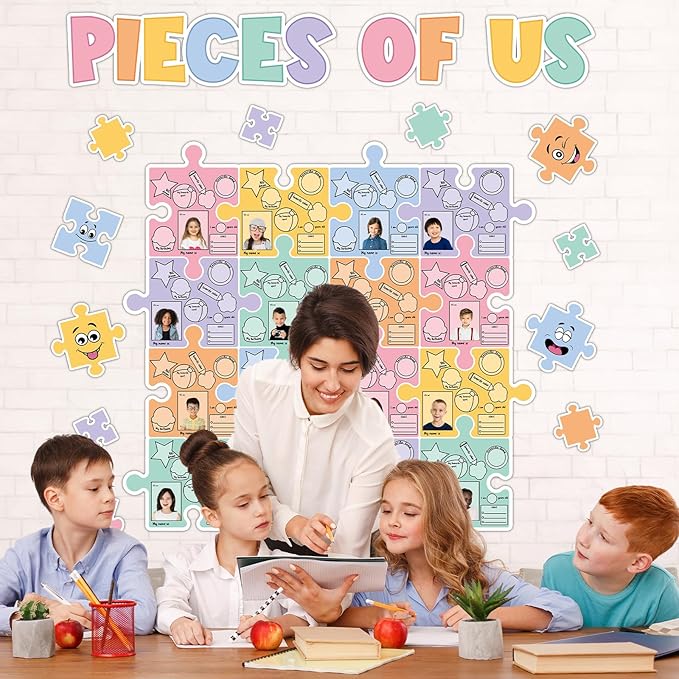 QOUBAI Pieces of Us Bulletin Board Set Puzzle Self-introduction Themed Classroom Bulletin Board Decorations All About Me Cutouts Classroom Decorations for Back to School Office Home Chalkboard Decor W