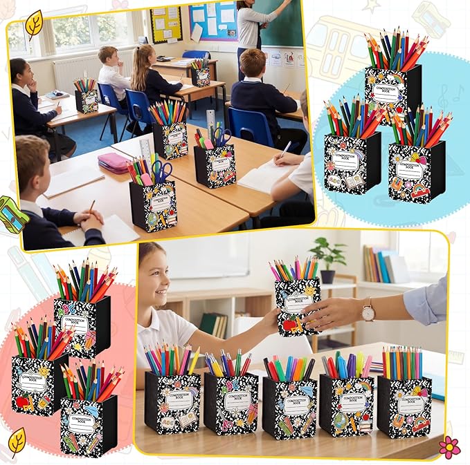 Sherr 6 Pcs Composition Notebook Pencil Dispenser for Classroom Back to School Wood Pencil Holder Classroom Pen Holder Storage Organizer for Teachers Classrooms Office Desk Organization
