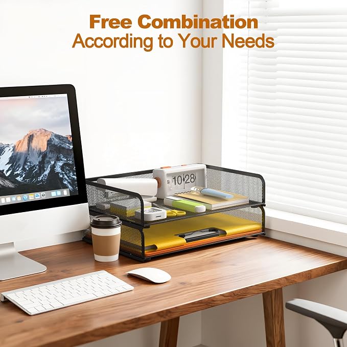 YINGHUA 2-Pack Metal Mesh Stackable Paper Letter Trays Organizer for Classroom,Office Desk File Sorter Holder Organizer Storage Box for Letter/A4 Size Folder Documents-Black