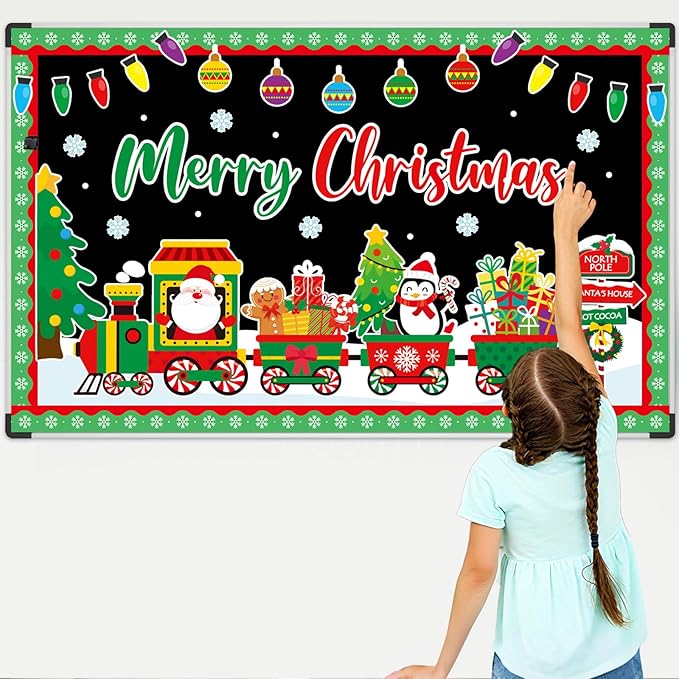 Santa Train Bulletin Board Set Christmas Bulletin Board Decorations Set Merry Christmas Decoration Kit Xmas Santa Train Cutouts for Classroom Wall Fireplace Holiday Party Garden Indoor Outdoor Decor