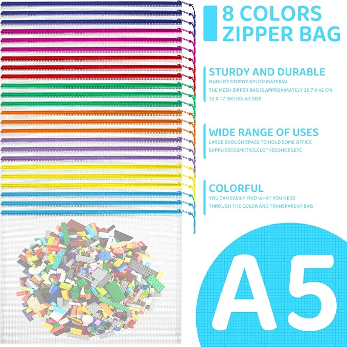 YOPCDJ 24pcs Mesh Zipper Pouch Bags, A5 9.4 x 6.9 Inches Reusable Zipper Bags Puzzle Storage Organizer 8 Colors Multipurpose for Travel Board Games Office Supplies and Home Organization