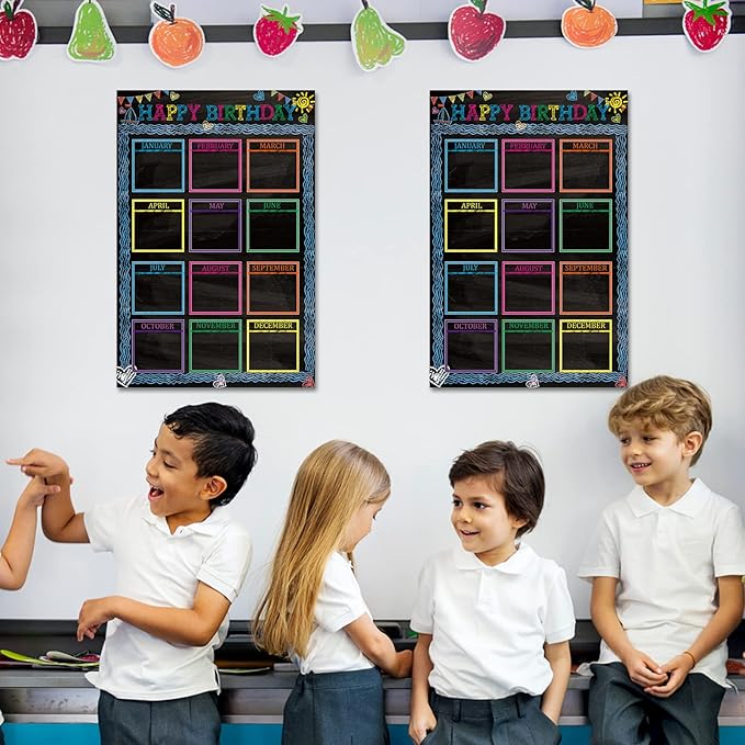 Wiooffen Happy Birthday Chart for Classroom, 2Pcs Chalkboard Birthday Poster Decoration 17" x 12" Chalkboard Birthday Cake Calendar Cutouts for School Bulletin Board, Chalkboards, Wall Decor