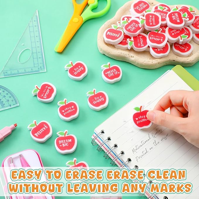 50 Pcs Erasers Bulk Inspirational Apple Erasers Cute Mini Motivational Gifts for Prizes Homework Rewards Supplies Office Supplies
