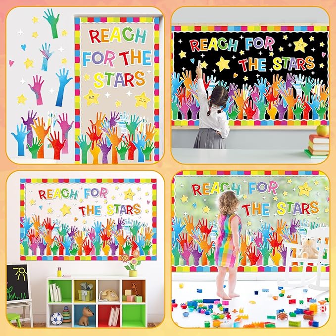 Reach for The Stars Bulletin Board Decorations Set Welcome Back to School Colorful Handprint Paper Cutouts Motivational Classroom Bulletin Board Decor for Preschool Supplies Door Chalkboard Wall