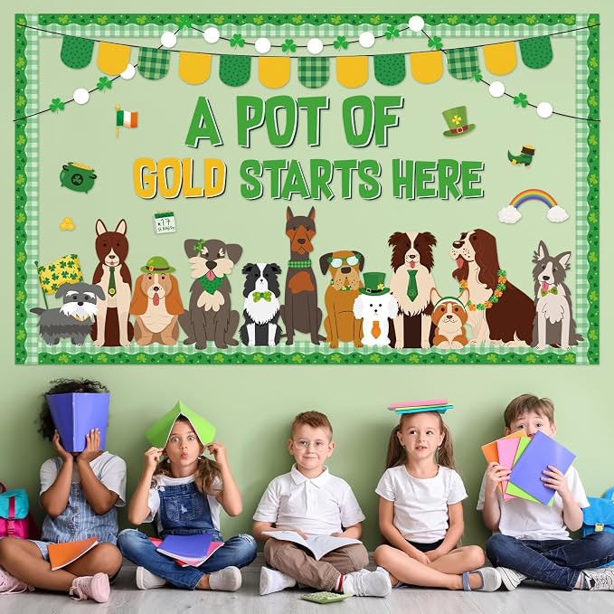 St.Patrick's Day Pet Dog Bulletin Board Set Puppy Classroom Decoration Lucky Shamrock Clover Gold Coin Cute Dog Bulletin Board St. Patricks Cutouts for Irish Home Classroom Chalkboard Wall Decor