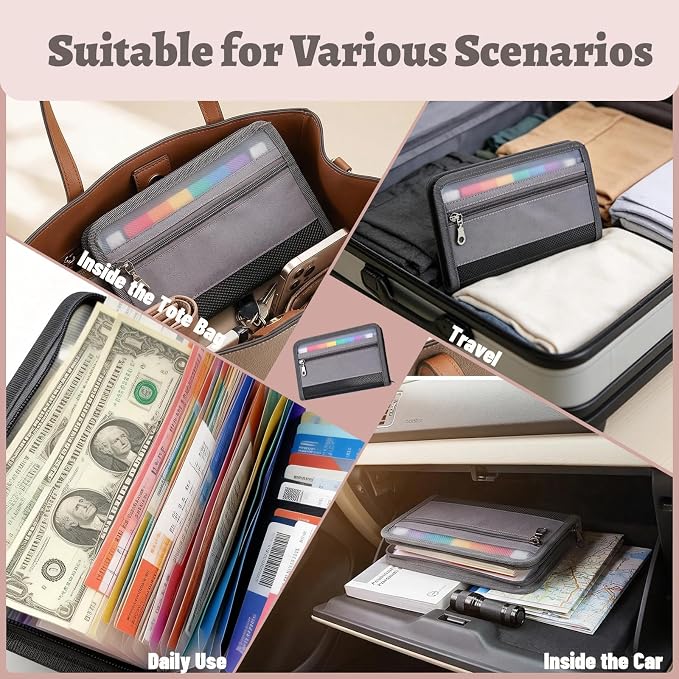 Portable Receipt Organizer & Coupon Holder, 12 Pockets Accordion Expanding File with Adjustable Wrist Strap, Zipper Closure Budget Organizer for Bills & Expense Tracking