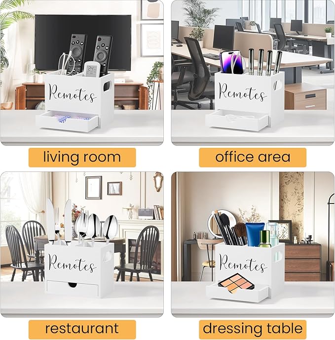 Remote Control Holder, TV Remote Holder with Drawer, Wood Remote Control Organizer for Table, Media Storage Box for Nightstand, Living Room (White,2 Slots)
