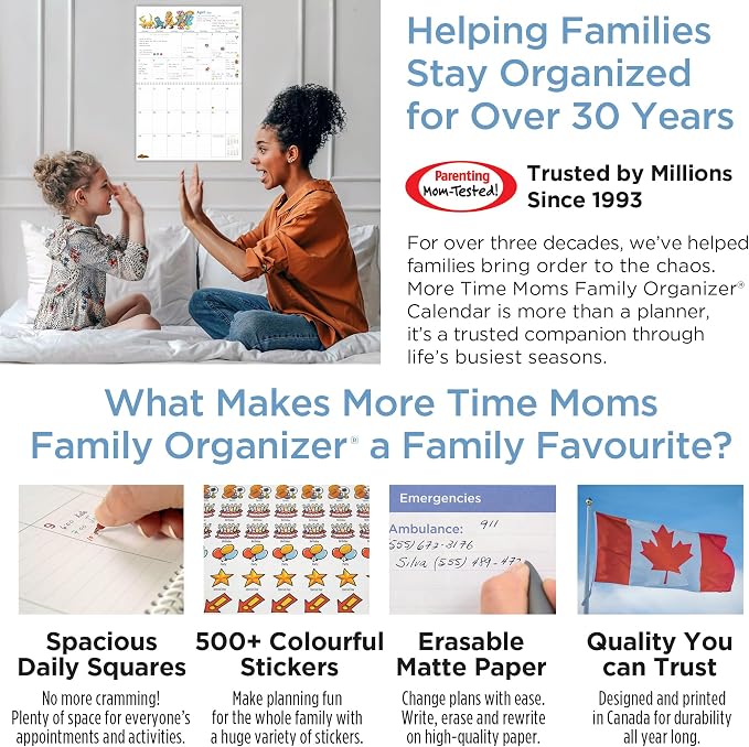 More Time Moms Family Organizer & Calendar, 2026 (15x22 Inches) - September 2025 to December 2026 - Larger & More Space for in-Depth Planning - Includes Over 500 Stickers, 16 Months, & Much More