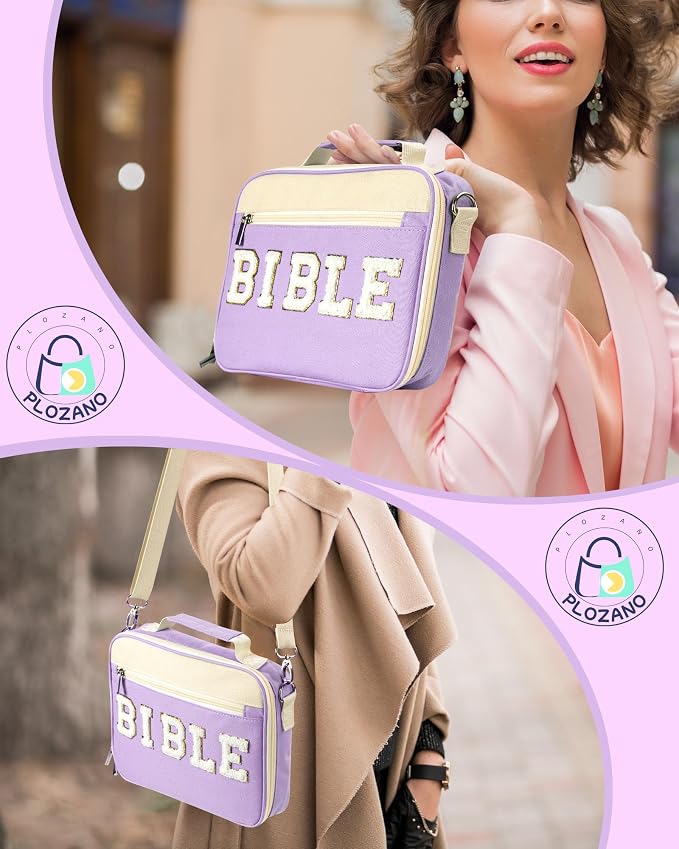 PLOZANO Bible Cover Case for Women, Large Chenille Letter Bible Bag with Shoulder Strap,Purple Bible Carrying Tote Bags for Bible Study Accessories, for Women Lady Teen Grils (Purple)