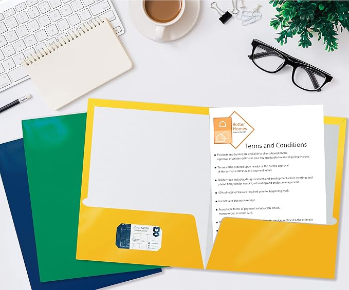 Better Office Products 2 Pocket Glossy Laminated Paper Folders, Assorted Colors, Letter Size, Paper Portfolios Box of 25 Assorted Color Folders (no prongs)