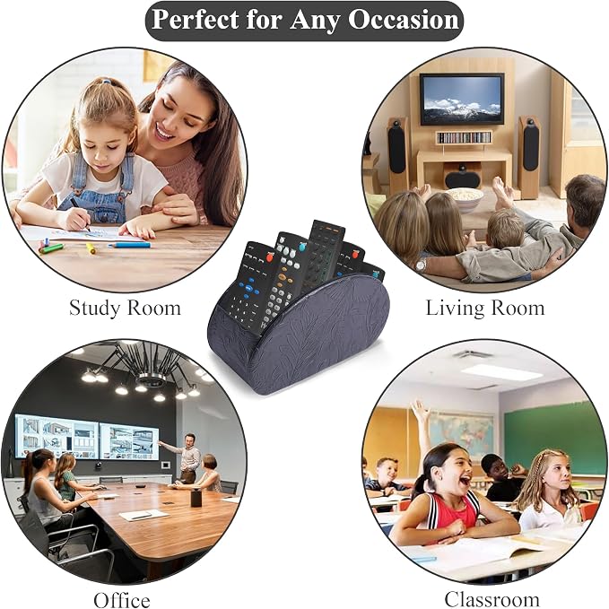 Remote Control Holder, PU Leather Remote Caddy Desktop Organizer with 5 Spacious Compartments for TV Remotes/Media Controllers/Office Supplies (1-Carved Black