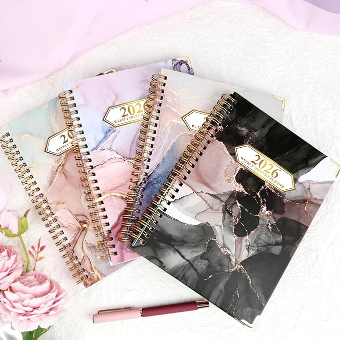 2026 Planner, Jan.2026 - Dec.2026 Weekly Monthly Planner 6.25"x8.5" with Page Tabs, Calendar Hardcover with Inner Pocket, Elastic Band,Twin-Wire Binding,Bookmark, Salmon Pink Marble