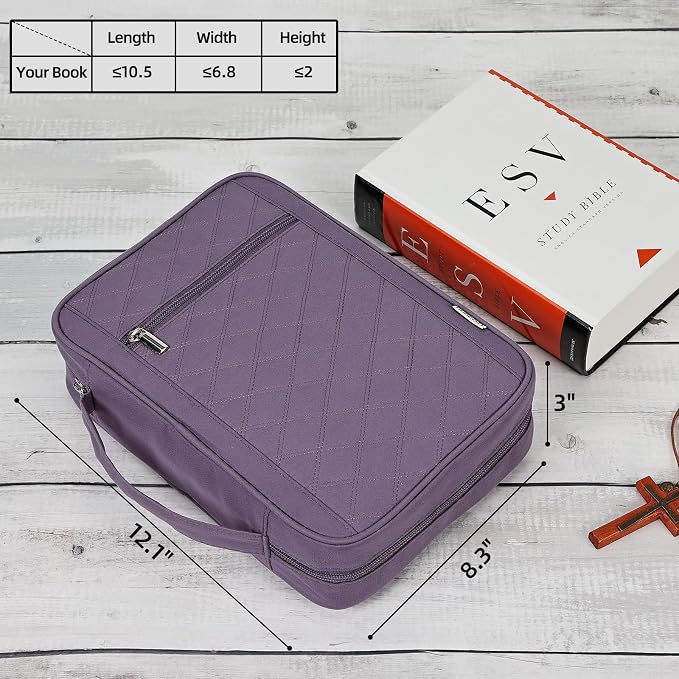 FINDCOZY Bible Cover for Women, Durable Carrying Book Case Church Bag for Biblical Accessories with Handle and Zippered Pocket,Purple