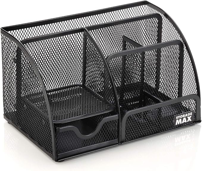 Desk Organizer with Drawer, Desktop Wire Mesh Sorter with 6 Compartments for Pens, Pencils and Letters. Black