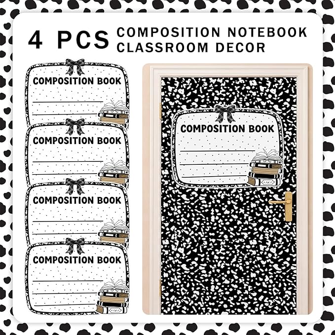 Gueevin 4 Pcs Large 23 * 16.5 inch Composition Book Cutouts Composition Notebook Bulletin Board Trim for Classroom Door First Day of School Wall Windows Porch Sign (Black White)