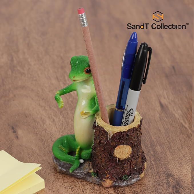 Green Gecko Pencil Holder with Tree Stump or Barrel Storage, Figurine Desktop Accessory (Tree Stump)