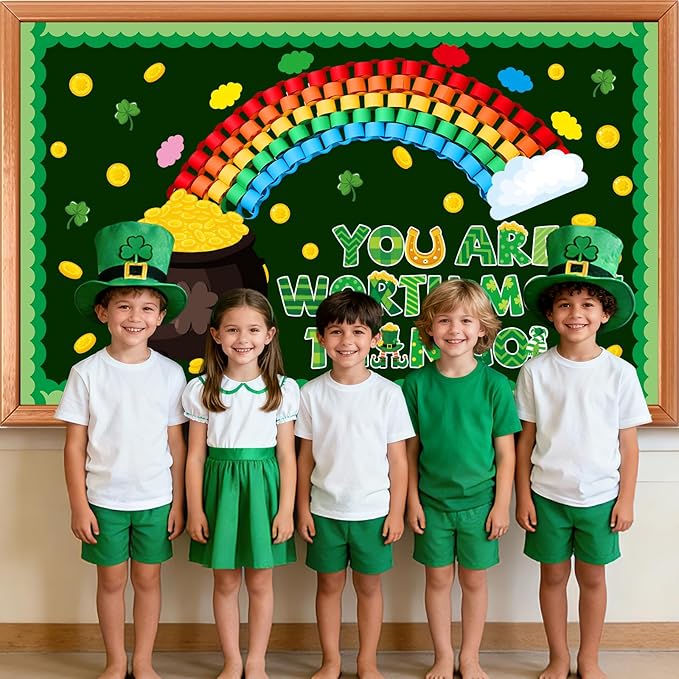 St.Patrick's Day Bulletin Board Decoration Set 3D Rainbow Shamrock Gold Coin Cutouts You are Worth More Than Gold Classroom Bulletin Board for School Chalkboard Wall Decor St. Patrick Party Supplies