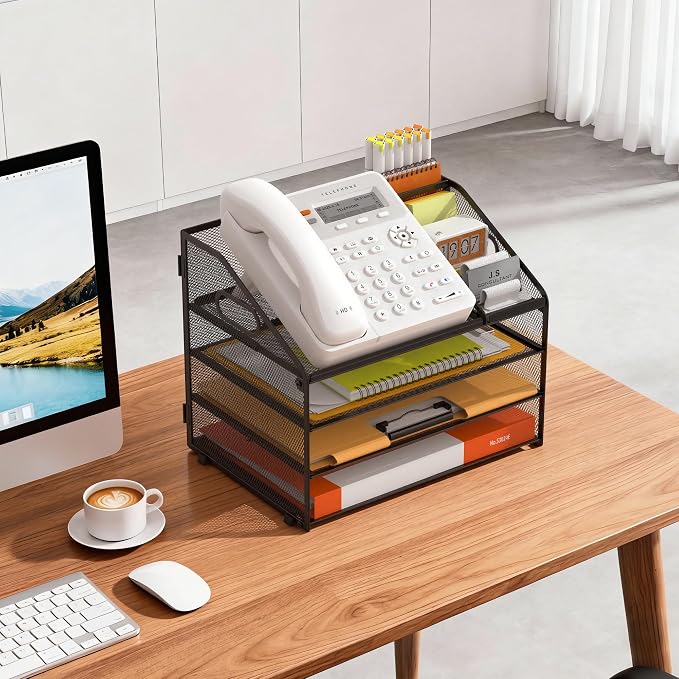 DocNest 4 Tier Metal Mesh Letter Tray - Space Saving Desk File Organizer with Handle, Pen Holder & Folder Holder - Desktop Document Sorter for Office, Home, School, Classroom - Black