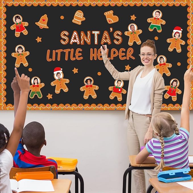 QOUBAI Christmas Bulletin Board Decoration Xmas Gingerbread Man Paper Cutouts DIY Photo Crafts Christmas Stocking Bulletin Board Set for Winter Holiday Classroom Wall Door Decor Home School Supplies
