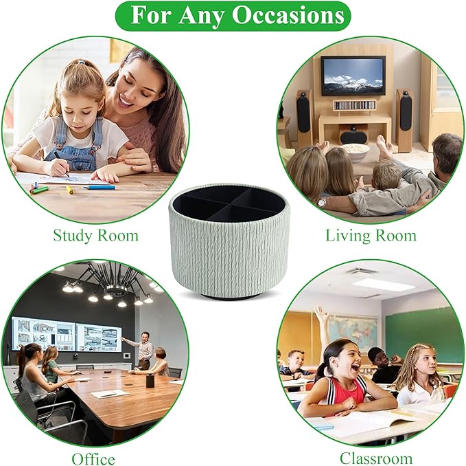 Round Leather Art Supply Organizer,Remote Control Holder,360 Degree Spinning,Multi-Functional Pencil Holder,4 Compartments Desktop Stationary Organizer(1-Wood Green2)