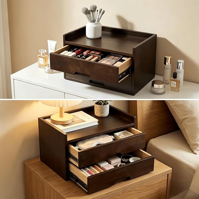 Solid Wood Desk Organizer with Drawers, Wooden Desk Storage Organizer with Smooth Slides, Filing A4 Paper File Organizer for Home Office, Bedroom & Makeup, Fully Assembled, Walnut Finish