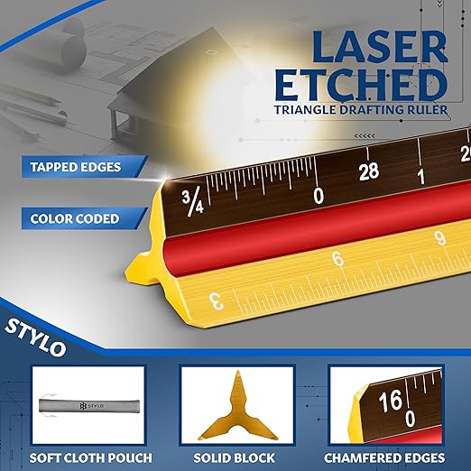 12" Aluminum Architect Scale Ruler Laser Etched Triangle Drafting Ruler, Color Coded Grooves for Blueprint, Drafting and Drawing, Architectural Scale Ruler for Blueprints (Yellow, Imperial Units)
