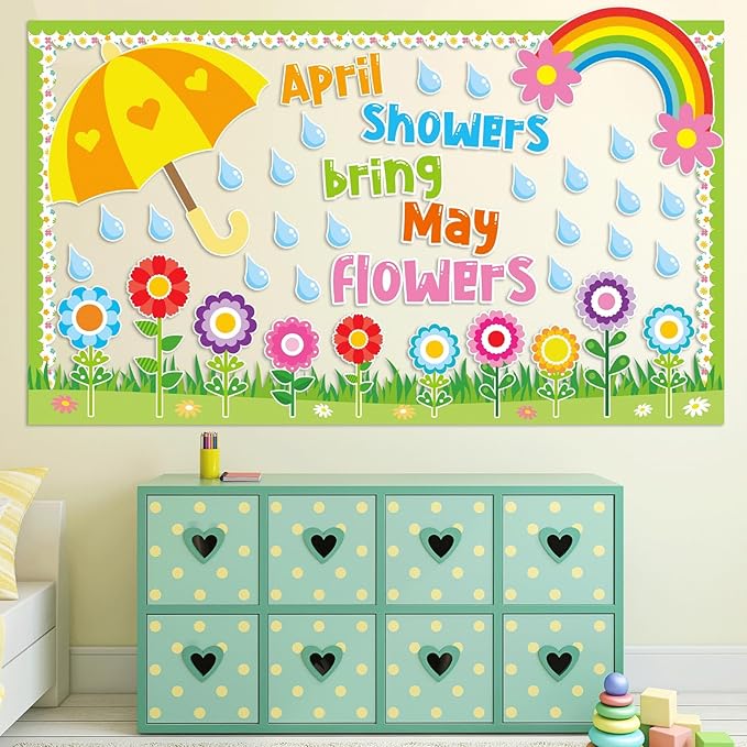 Spring Bulletin Board Decorations April Showers Bring May Flowers Bulletin Board Decorations Set Colorful Flower Umbrella Rainbow Paper Cutouts for School Classroom Whiteboard Home Party Decor Supplie