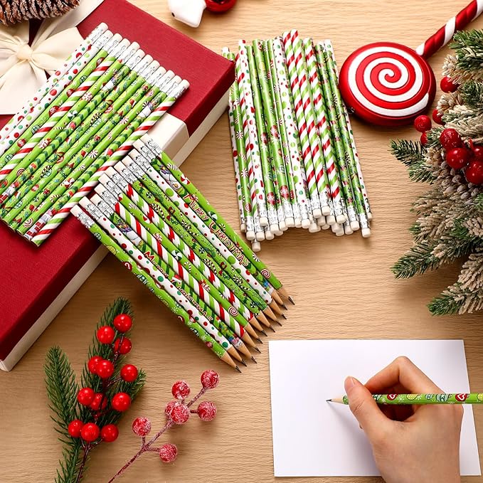 Sabary 60 Pcs Christmas Pencils Bulk Wood Xmas Pencil with Eraser Merry Christmas Stationery for Kids Children Xmas Party Favors Holiday Goodie Bag Stuffers