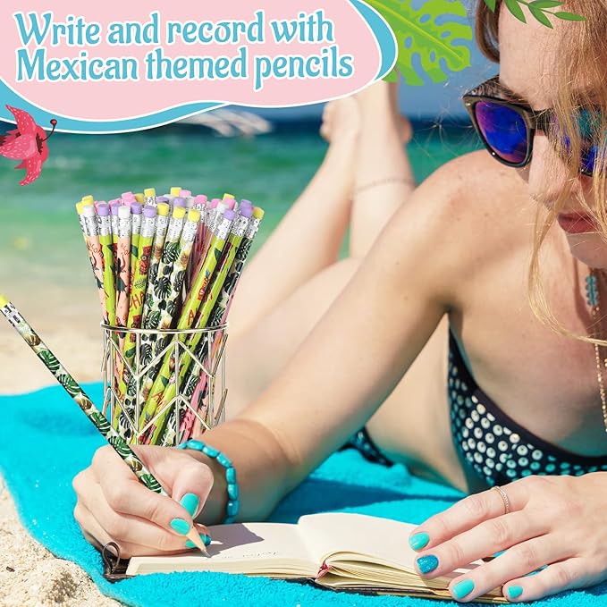 Fainne 72 Pcs Beach Pencils with Eraser Bulk Hawaii Mexican Assorted Pen, Novelty Fun Wooden Pencils for Class School Reward Prize Party Favors Gifts (Hawaii)