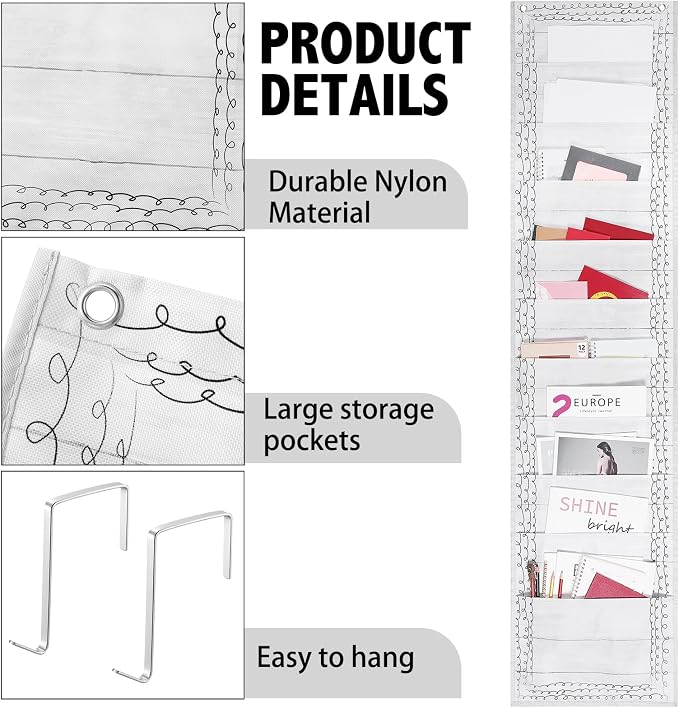 MotiMind 10 Pockets Wall Hanging File Folders File Storage Pocket Chart for Classroom Hanging Wall Organizer with 2 over the Door Hangers, 58" x 14" for School Classroom Office Home(Retro)