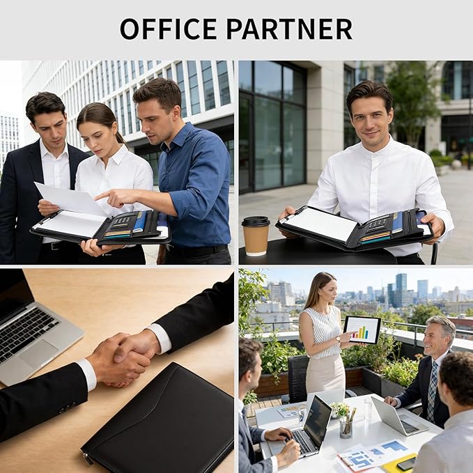 Professional Padfolio with Calculator,Faux Leather Portfolio Folder Binder,Letter Size A4 Legal Writing Pad Holder for Business School Office Conference Notepad Clip Boards (Black)