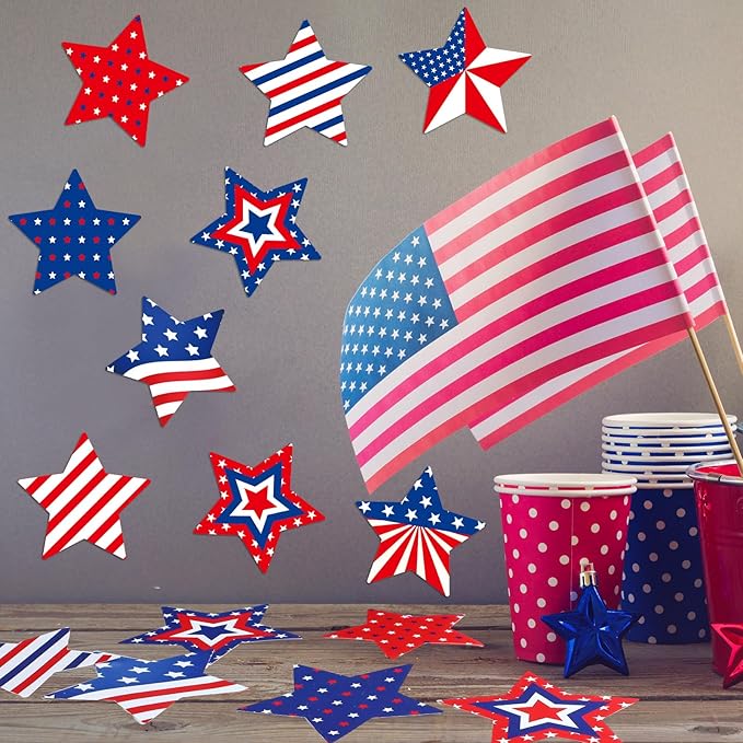 Geyee 108 Pcs Patriotic Star Cutouts 4th of July Paper Star Cutouts Independence Day Stars Accents for Memorial Day DIY Bulletin Board Star Cutouts for Kids Patriotic Theme Party Decor