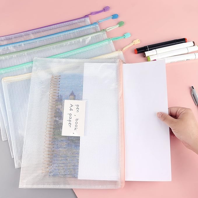 Tamaki 6 Pack Mesh Zipper Pouch with Label Pocket, Waterproof Zipper Bags, Document Bag Letter/A4, Durable Pouches for Organization Bag Board Game Storage