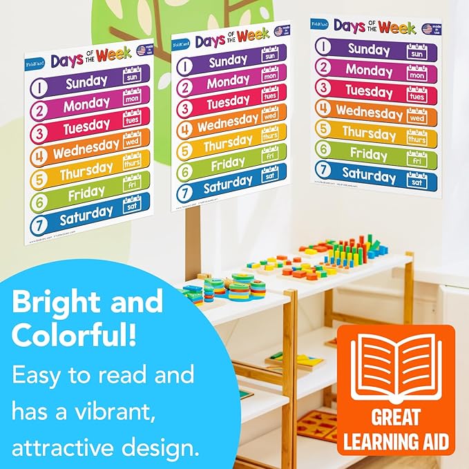 7 Days of the Week Chart for Preschool to Grade 1 Kids – Bright Colorful Educational Visual/Learning Aid Poster Decoration for Classroom or Home | Glossy Durable Cardstock | 8.5" x 11" | 5 per Pack