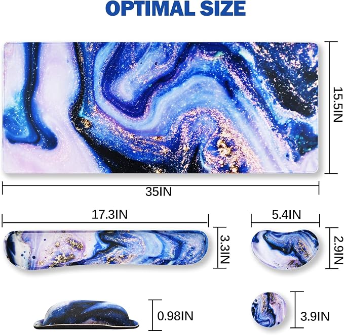 ARTSO Large Gaming Mouse Pad, Keyboard Wrist Rest Pad & Wrist Support Mousepad Set, Stitched Edge, Extended, Non-Slip Base, Memory Foam,Multifunctional Desk Mat 4pcs for Office & Home, Purple Marble