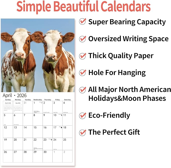 2026 Wall Calendar,Calendar 2026, November 2025 - December 2026, Wall Calendar Cows, 12" x 24" Opened,Full Page Months Thick & Sturdy Paper for Calendar Organizing & Planning