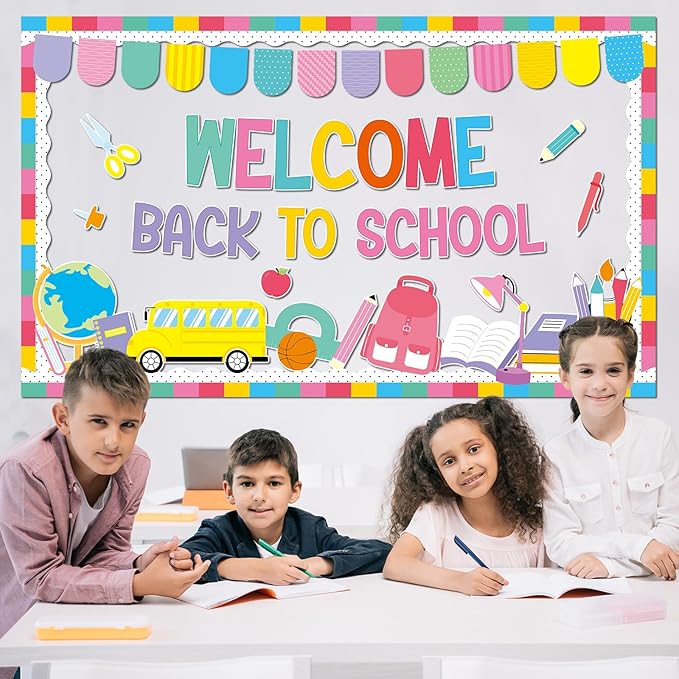 Justforjoyful Welcome Back to School Bulletin Board Classroom Decorations Colorful Welcome Banner Cutouts Wall Door Decor Chalkboard Sign for First Day of School Classroom Party