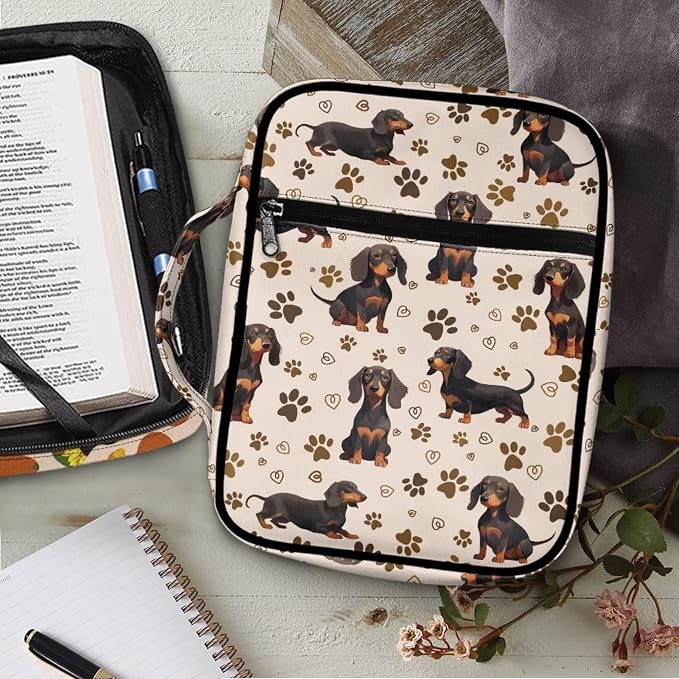 Coldinair Dachshund Cute Bible Cover for Women Men Kids,Protective Book Cover Bible Case Bible Carrier Carrying Organizer Purse Handbag with Zipper Pockets Church Bag