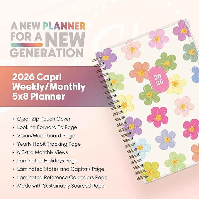 Blue Sky Gen Z 2026 Weekly and Monthly Planner Calendar, January 2026 - December 2026, 5" x 8", Flexible Cover With Zip Pouch, Durable Twin Wire Binding, Laminated Tabs, Storage Pocket, Capri