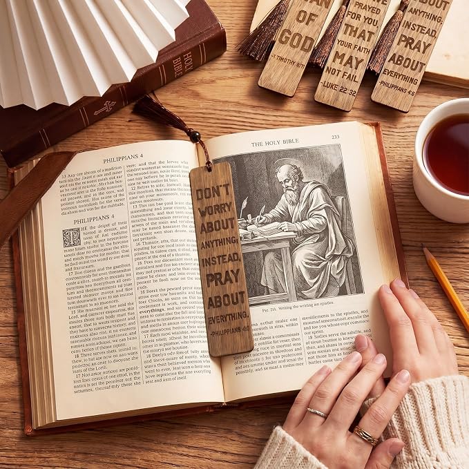 20 Pcs Father's Day Church Gifts 5.5" Walnut Christian Bookmarks for Men Man of God Wooden Bookmarks with Rope and Beads Handmade Carving Bible Book Marks for Father's Day Religious Favors