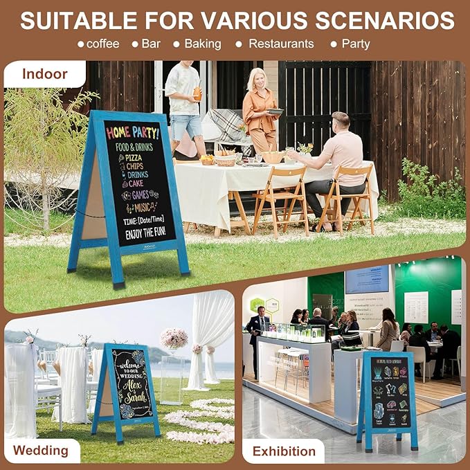 Wood Magnetic A-Frame Chalkboard Signs, 40" x 20" Large Sandwich Board Signs Outdoor, Double-Sided Sidewalk Blackboard for Business, Wedding, Vendor Display, Coffee Shope -Blue