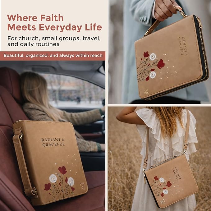 Bible Covers for Women – Durable PU Leather Bible Case with Thumb Page Holder & Shoulder Strap – Christian Gifts for Women and Elegant Leather Book Cover for Church & Study