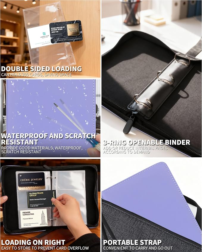 Leather Business Card Book Holder Organizer, Professional Name Card Book Holder with 300 Card Capacity, Portable PU Credit Card Binder File Sleeve Storage for Men Women,50 Pack Sleeves Zipper Closure